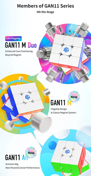 GAN11, a high-performance magnetic 3x3 speed cube designed for smooth turning and rapid solving.